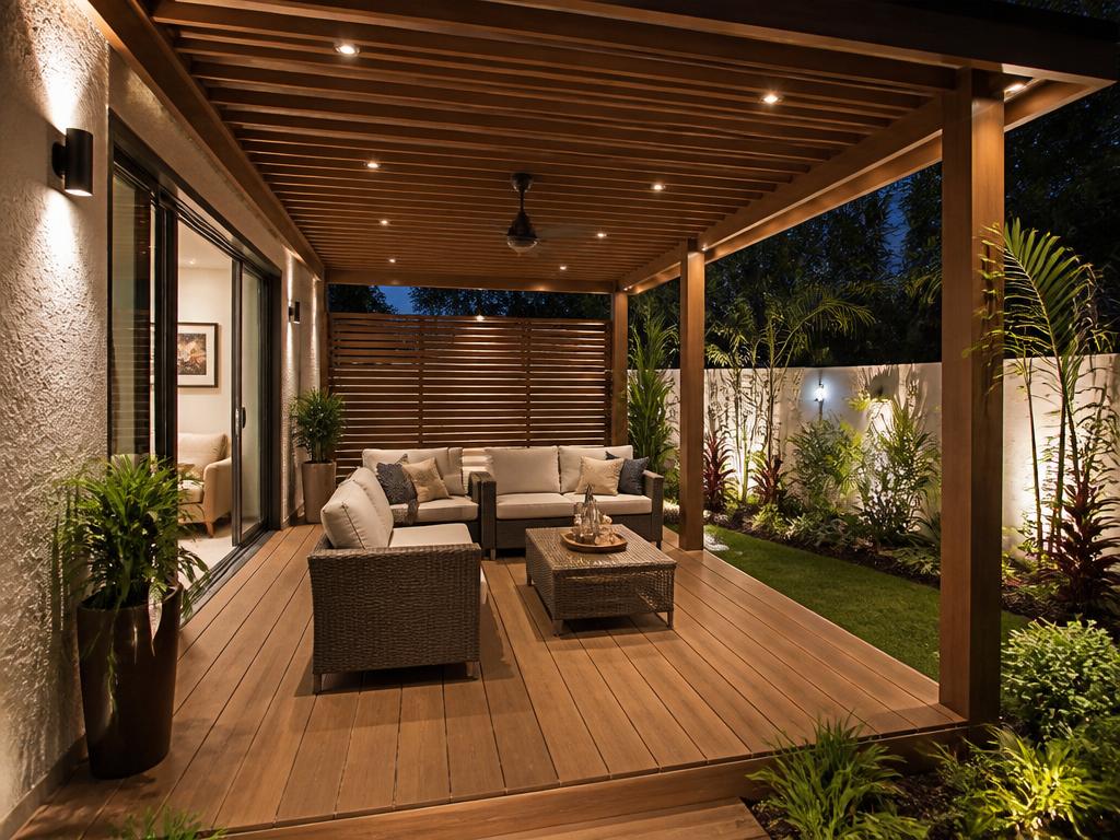 WPC pergola over a backyard deck at dusk